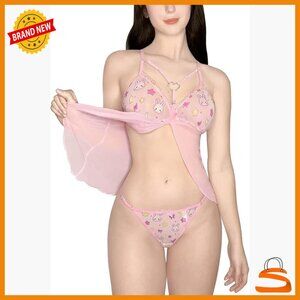 Large Lace Babydoll Chemise with Adjustable Straps, Mesh Skirt, Thong